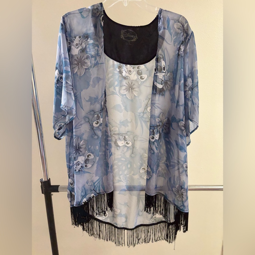 Disney Stitch Floral Fringe‎ Kimono Blue Open Front Women’s Size Small